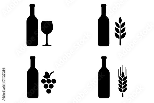 Alcohol icon set with wine, beer, whiskey. Vector symbols of bottle, glass, grapes, wheat, and barley. Black silhouette beverage and drink logo design elements for bar menu.