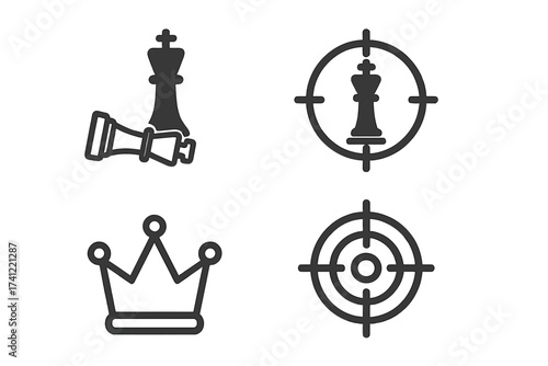 Checkmate and strategy icon set. Business goal and target concept. Chess king in crosshairs. Victory, leadership, and success symbols. Thin line vector collection for winning.
