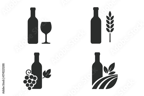 Wine bottle and glass icon set. Vector logo collection for winery, bar or restaurant menu. Alcohol beverage symbols. Grapes, wheat, vineyard silhouettes for wine, beer, whisky.