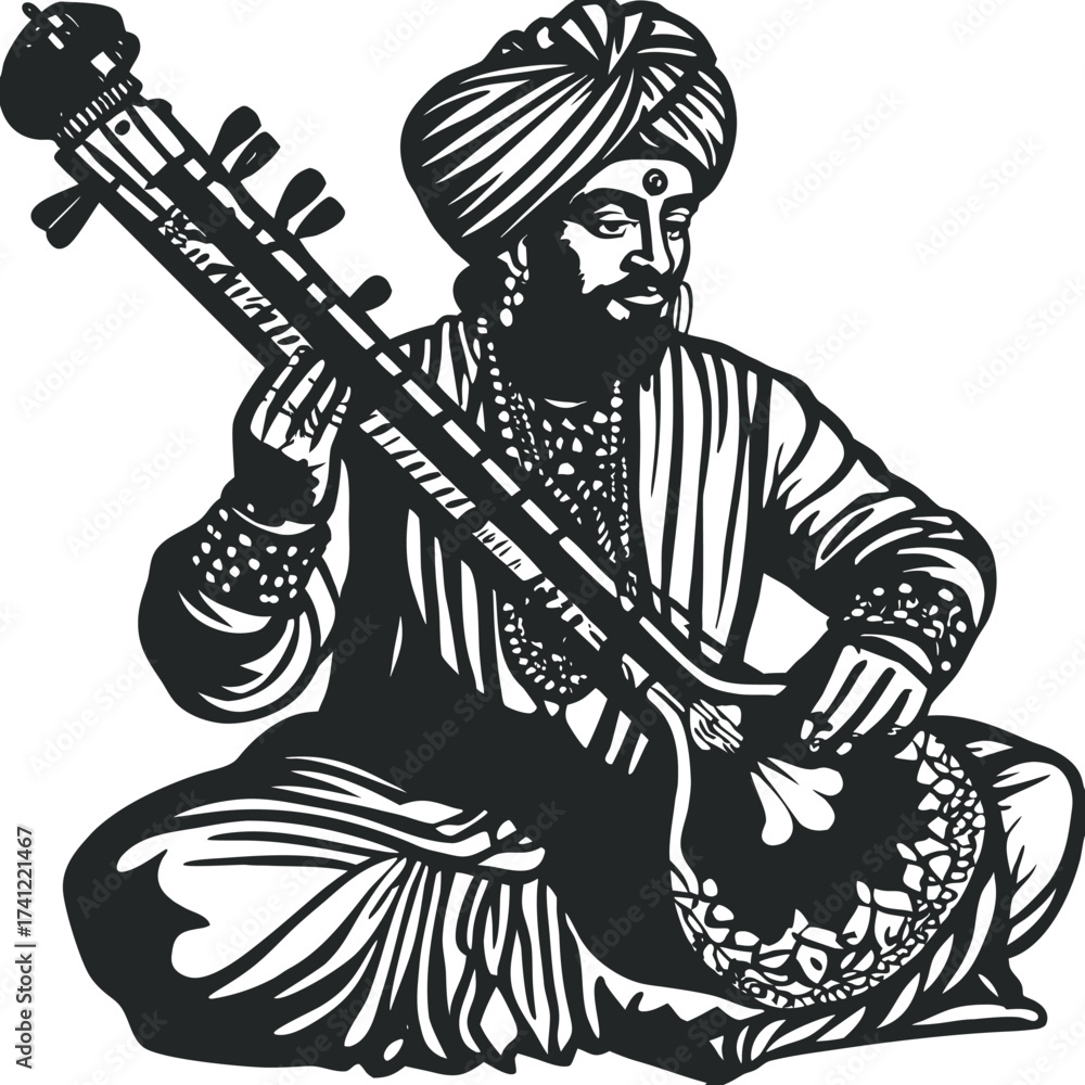Fototapeta premium Man in turban playing a sitar instrument musician Indian music