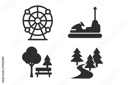 Amusement park and forest recreation vector icon set. Ferris wheel, bumper car, park bench, nature trail symbols. Entertainment, fun, leisure, and outdoor activity concepts.