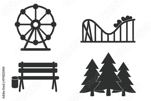 Amusement park icon set. Vector collection of entertainment symbols. Ferris wheel, roller coaster, park bench, and forest trees. Recreation and leisure graphic design elements.