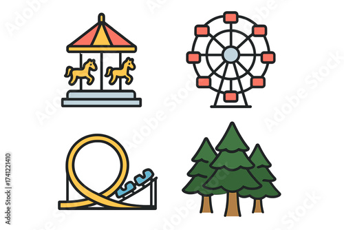 Amusement park icon set. Vector funfair, carnival, and entertainment symbols. Includes carousel, roller coaster, and ferris wheel. Outdoor recreation and forest adventure concept.