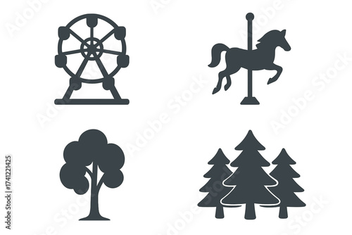 Amusement park and nature vector icon set. Ferris wheel, carousel horse, deciduous and pine tree symbols. Entertainment, fair, forest, and outdoor recreation concepts.