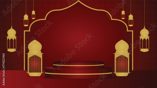 Beautiful Islamic background with golden lanterns, ornate arch and podium on red stage, perfect for Ramadan, Eid, festival greetings, celebrations and cultural designs.