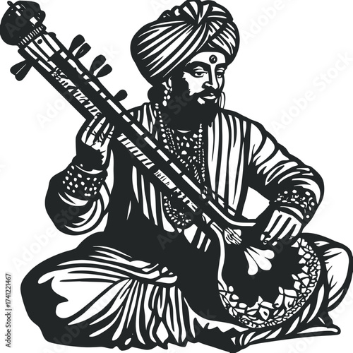 Man in turban playing a sitar instrument musician Indian music