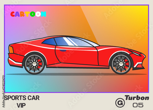 Vector collectible card, calendar or insert. Cartoon red modern fast sports car. VIP automobile. Toon city transport. Violet frame. Number 5