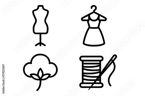 Fashion and sewing line icon set. Garment industry vector symbols. Tailoring, dressmaking, handmade clothing concepts. Mannequin, dress on hanger, cotton, needle and thread.