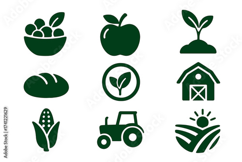Vector food and organic logo collection. Farm agriculture icon set. Natural fresh product symbol. Healthy eco bio food sign. Tractor, barn, field, apple, corn illustration.