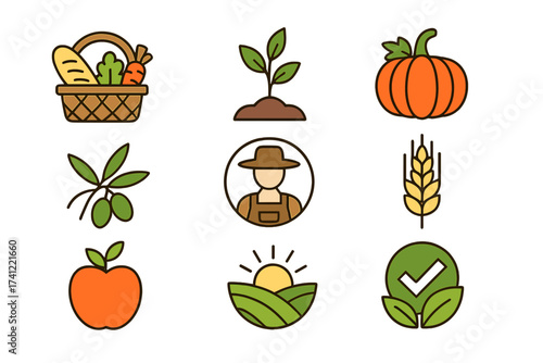 Set of organic food and farming vector line icons. Collection of logos for natural products, local market, and healthy lifestyle. Includes farmer, harvest, and agriculture symbols.