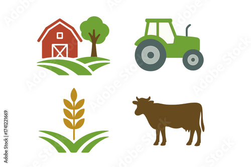 Agriculture and farming icon set. Collection of farm symbols including barn, tractor, wheat, and cow. Vector graphics for food production, livestock breeding, and rural concepts.