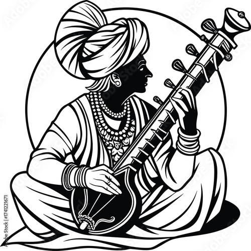 Man playing sitar instrument in black and white Indian musician