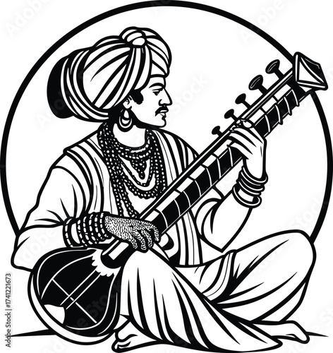 Man playing sitar instrument in traditional Indian attire