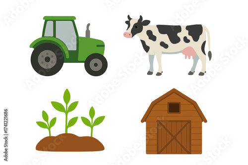 Farm and agriculture icon set. Vector collection of isolated cartoon elements: tractor, cow, plant sprout, and wooden barn. Rural life, livestock and harvest concept.