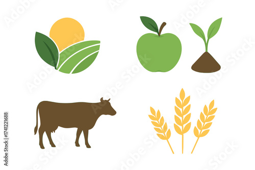 Set of agriculture and farming icons. Collection of flat vector symbols for food production, organic harvest, and livestock breeding. Includes cow, wheat, apple, and plant sprout.
