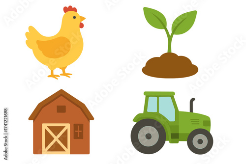 Farm and agriculture icon set. Vector collection of flat design elements. Includes chicken, barn, tractor, and plant sprout. Farming, breeding, and cultivation symbols isolated.