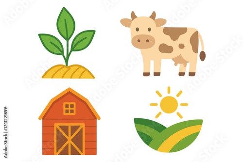 Agriculture and farming icon set. Vector collection of flat design elements. Cute cartoon cow, plant seedling, red barn, and sunny field. Isolated objects for farm and nature concepts.