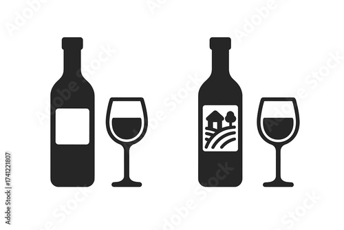 Wine bottle and glass icon set. Vector symbols for winery, bar menu or wine tasting. Alcohol beverage silhouette with blank label and vineyard farm illustration graphic.