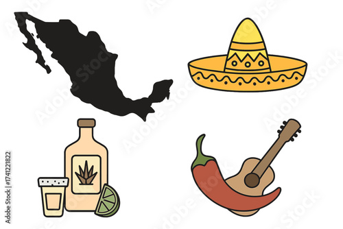 Mexican culture vector icon set. Symbols of Mexico: sombrero hat, tequila drink, spicy chili pepper, guitar, country map. Travel, food and national elements collection.