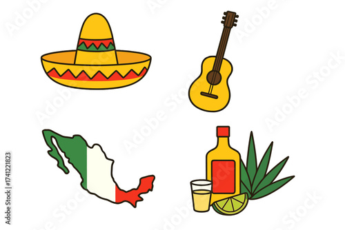 Mexican culture icon set. Vector symbols of Mexico for Cinco de Mayo or fiesta design. Sombrero hat, guitar, tequila bottle with shot glass, lime, agave, and map with flag.