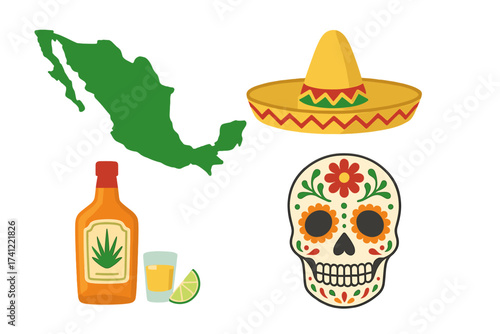 Mexico icons set vector illustration. Mexican culture symbols with map, sombrero, tequila bottle with lime and shot glass, and a calavera sugar skull for Dia de los Muertos.