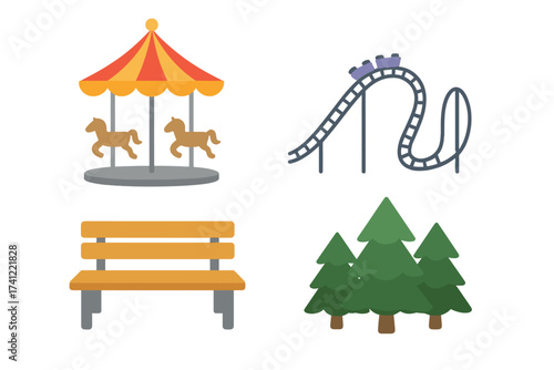 Amusement park icon set. Vector collection of theme park and funfair elements. Roller coaster, carousel, park bench, forest trees. Flat design entertainment graphic symbols.