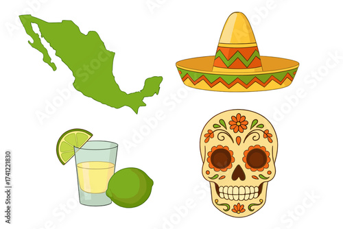 Set of Mexican culture symbols. Cartoon vector illustration. Icons for travel to Mexico. Sombrero hat, tequila shot with lime, country map, and sugar skull for Dia de los Muertos.