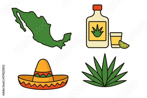 Set of Mexican culture vector icons. Tequila bottle, shot glass with lime, blue agave plant, sombrero hat, Mexico map. Symbols for travel, tourism, and national holidays.