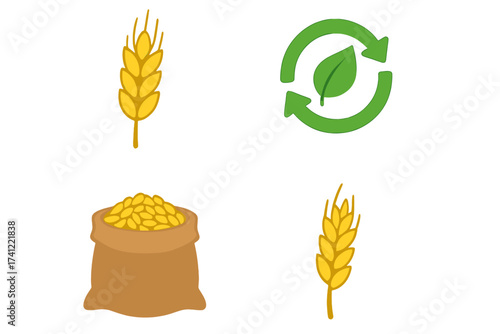 Agriculture and ecology icon collection. Wheat ear, sack of grain, and green recycle leaf symbol. Vector set for farming, harvest, organic food, and sustainability concepts.