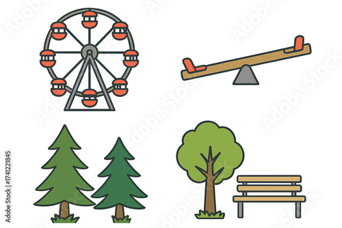 Amusement park and city park icon set. Vector collection of isolated objects. Ferris wheel, seesaw, playground elements. Forest trees, pine, and bench for recreation design.