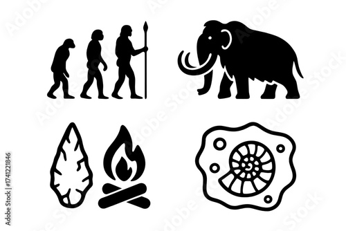 Human evolution icon set. Prehistoric symbols of early man, mammoth, stone age tools and fossil. Vector of campfire, arrowhead, and ammonite for science and history.