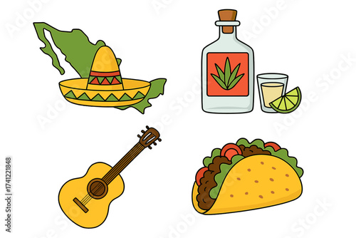 Mexican culture icon set. Vector illustration of Mexico symbols: map, sombrero, tequila with lime, guitar, and taco. Flat cartoon style graphic elements for travel and food design.