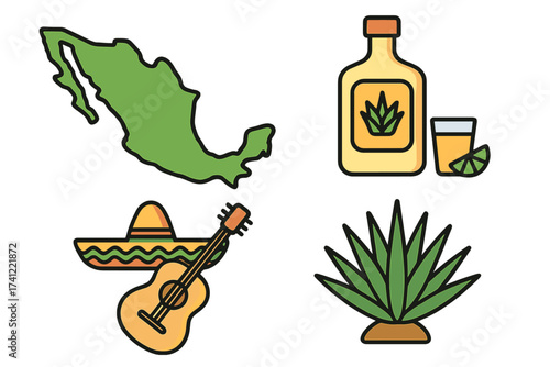 Set of Mexican culture line icons. Vector symbols of Mexico. Includes country map, tequila bottle, shot glass, lime, sombrero, guitar, agave plant. For travel, fiesta, holiday.