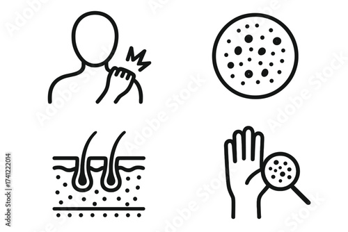 Pain and dermatology icon set. Shoulder ache, skin rash, and hair follicle icons. Medical symbols for allergy, eczema, psoriasis. Skin layer anatomy and examination vector.