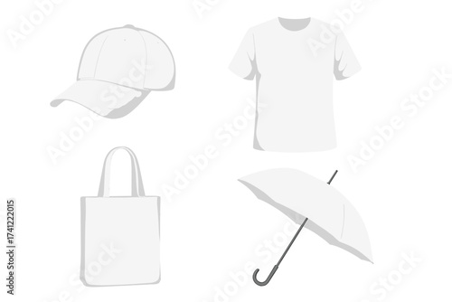 Promotional items mockup set. Blank white t-shirt, baseball cap, tote bag, and umbrella for corporate branding identity. Vector template collection isolated for merchandise design.