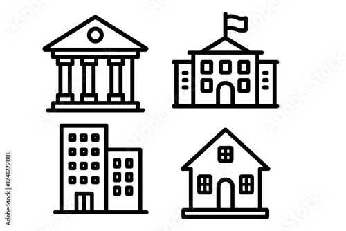 Building icon set. Line art vector collection of municipal and city architecture. Symbols for bank, school, office, and home. Real estate, government, finance, education concepts.
