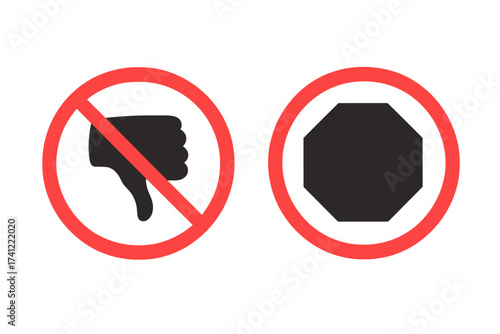 Stop sign and thumbs down dislike icon collection. Vector symbols of refusal, prohibition, and rejection. Isolated warning, danger, and forbidden signs. Negative feedback.