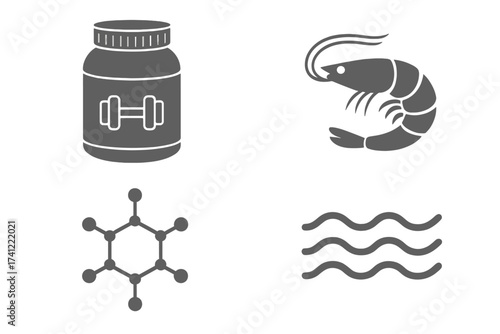 Set of protein source icons. Fitness supplement, shrimp seafood, chemical molecule and sea wave. Bodybuilding nutrition, marine food and science concept vector illustration.