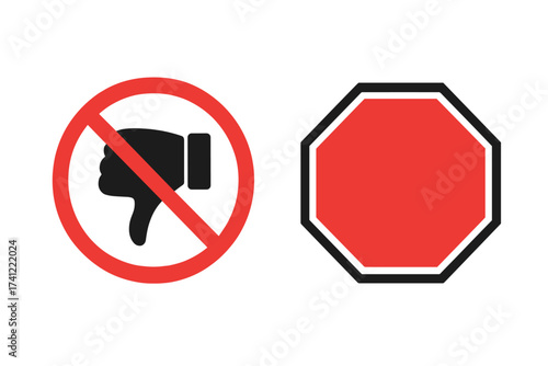 Stop sign and dislike icon set. Prohibition and refusal symbol collection. Vector for warning, danger, and rejection. No entry, forbidden gesture, thumbs down logo.