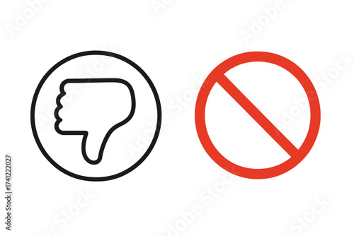 Thumbs down and prohibition sign icon set. Vector symbols for dislike, refusal, stop, and rejection. Negative feedback, not allowed, and warning concepts for web and print.