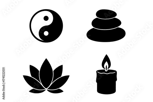 Zen symbols icon set with yin yang, stacked stones, lotus flower, and candle. Vector collection for spa, meditation, yoga, and wellness. Relaxation, harmony, balance signs.