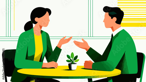 Two people in green jackets talking at table
