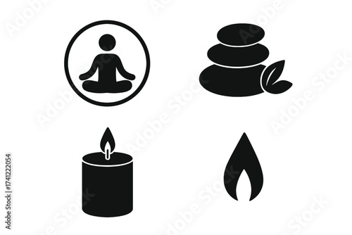 Set of relaxation icons. Spa and wellness symbols. Meditation yoga pose, zen stones, burning candle, and flame pictogram. Harmony, balance, and mindfulness vector graphics.