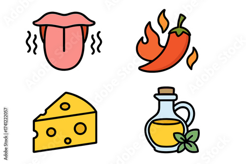 Taste buds and flavor icon set. Vector collection of sensory food experiences. Spicy hot chili pepper, sour tongue, savory cheese and cooking oil. Isolated flat cartoon icons.