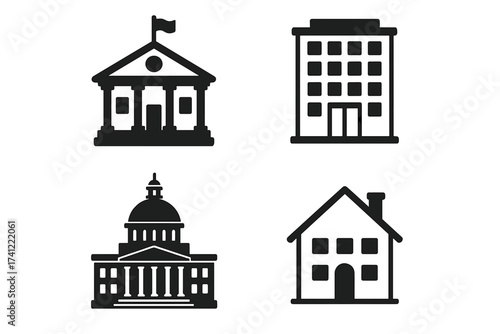 Building icon set. Government, bank, university and house vector symbols. Real estate property icons. Courthouse, capitol, office building and home flat pictogram illustration.