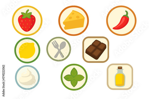 Food taste and flavor icon set. Strawberry, cheese, chili pepper, lemon, chocolate, basil, oil. Vector collection of isolated product taste symbols for packaging and menu design.