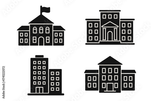 Set of municipal building black glyph icons. Government, university, school and office center vector silhouettes. City hall, courthouse and public institution pictogram collection.