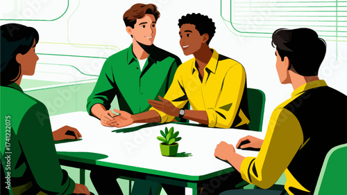 Four people in a meeting at a table
