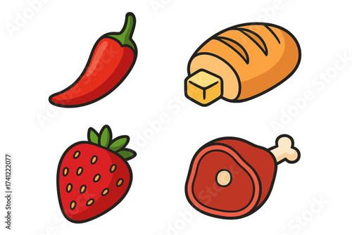 Food icons collection. Vector set of groceries. Chili pepper for spicy taste, bread and butter, sweet strawberry fruit, and savory meat ham steak. Isolated cartoon symbols.