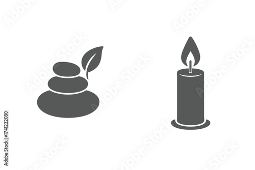 Spa relaxation concept vector icons. Set of stacked zen stones with leaf and burning candle. Symbol of balance, harmony, and wellness. Isolated flat silhouette illustration.